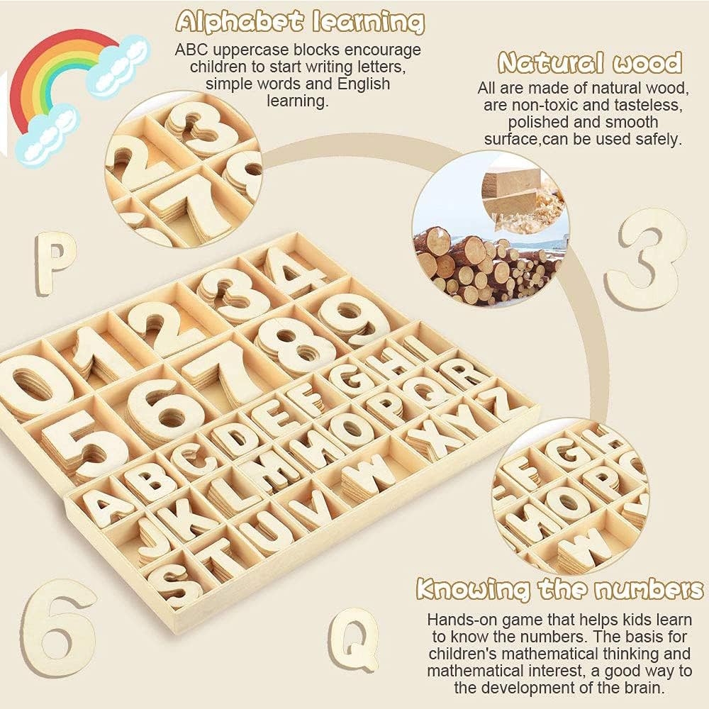 Wooden Letters and Numbers Set, 216 Pcs Wooden Capital Letters and