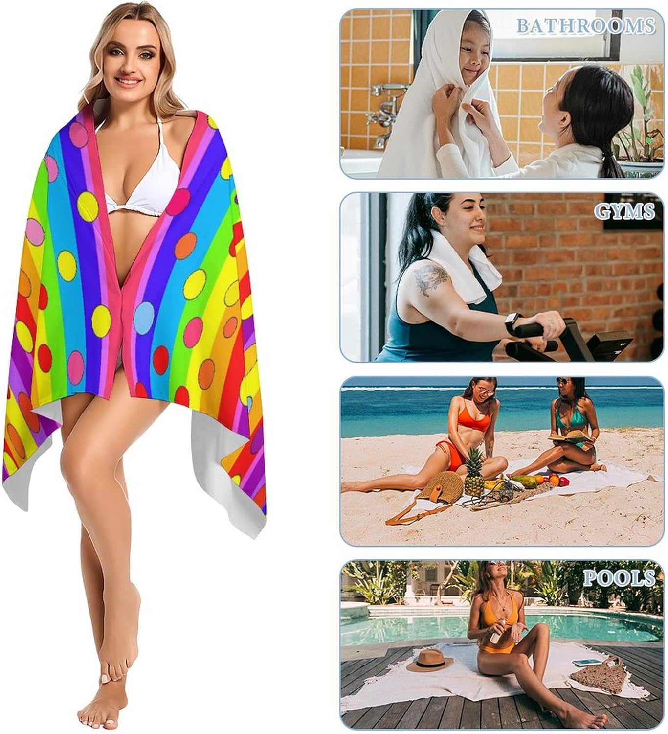 Rainbow Colored Polka Dots Bath Towel Beach Towels Quick Dry Oversized Bath Blanket Highly Absorbent Towel for Women Men 160x80cm