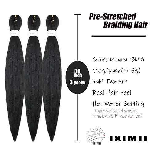Miniatura 2 de IXIMII Cabello trenzado negro natural preestirado de 30 pulgadas, 3 paquetes de trenzas preestiradas, trenzas de ganchillo suaves y lacias,