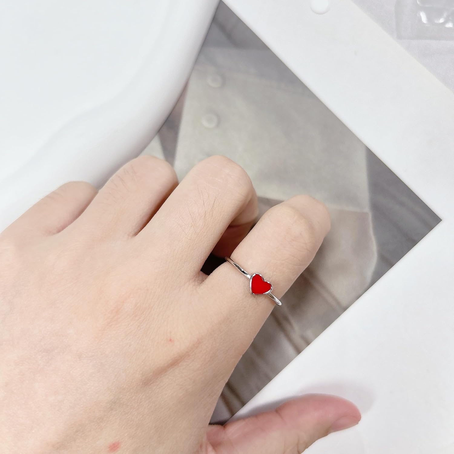 Cute Red Enamel Love Heart Open Statement Ring for Women Silver Dainty Sweet Minimalist Thin Tiny Adjustable Stacking Knuckle Finger Engagement Rings Jewelry for Daughter Her - Image 4