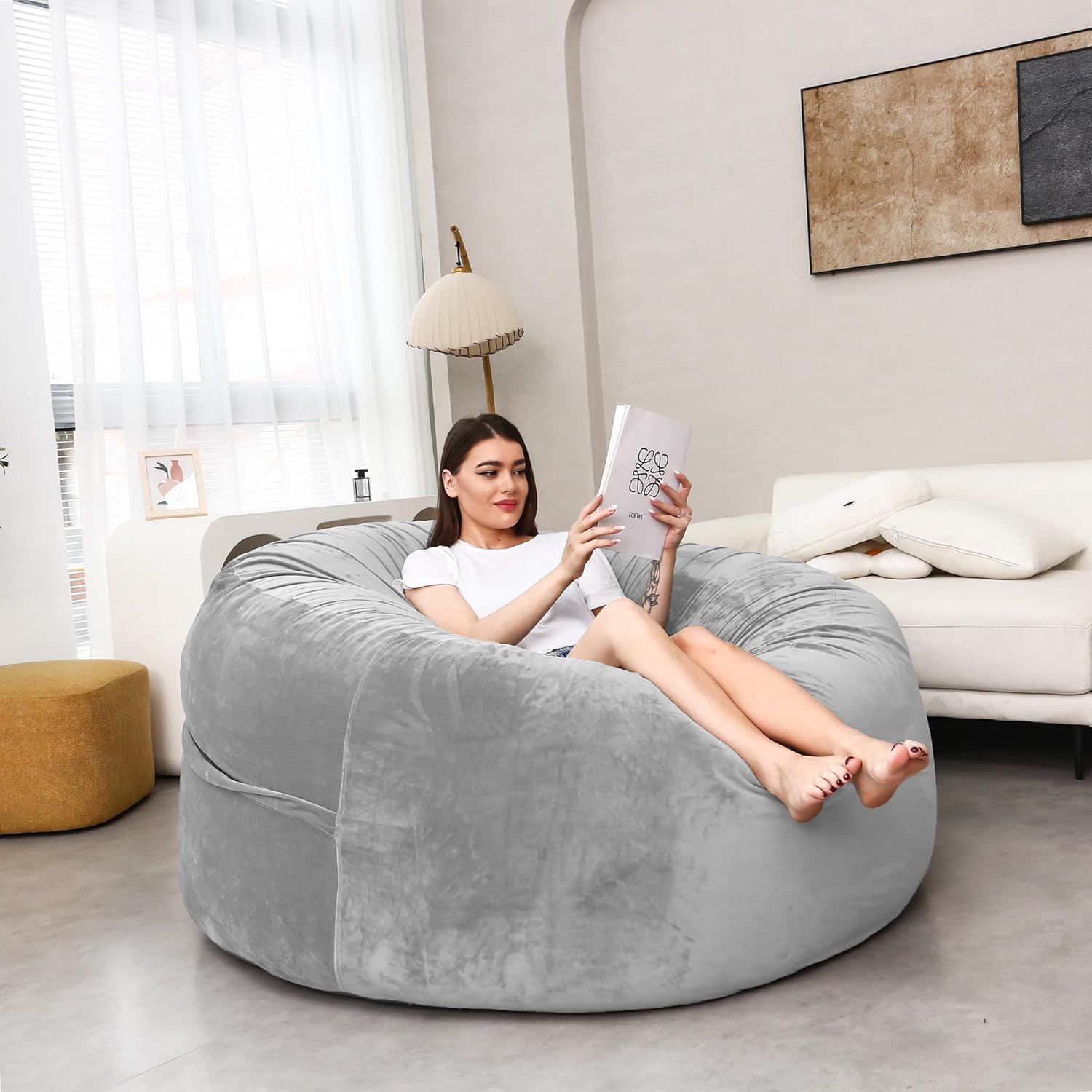 Bean Bag Chair for Adults Kids Oversize Beanbag Chair Cover Without Filler Round Soft Fluffy Comfortable Big Bean Bag Chairs for Bedroom,Study,Game Room Large Sofa Sitting Chair Light Grey,5FT