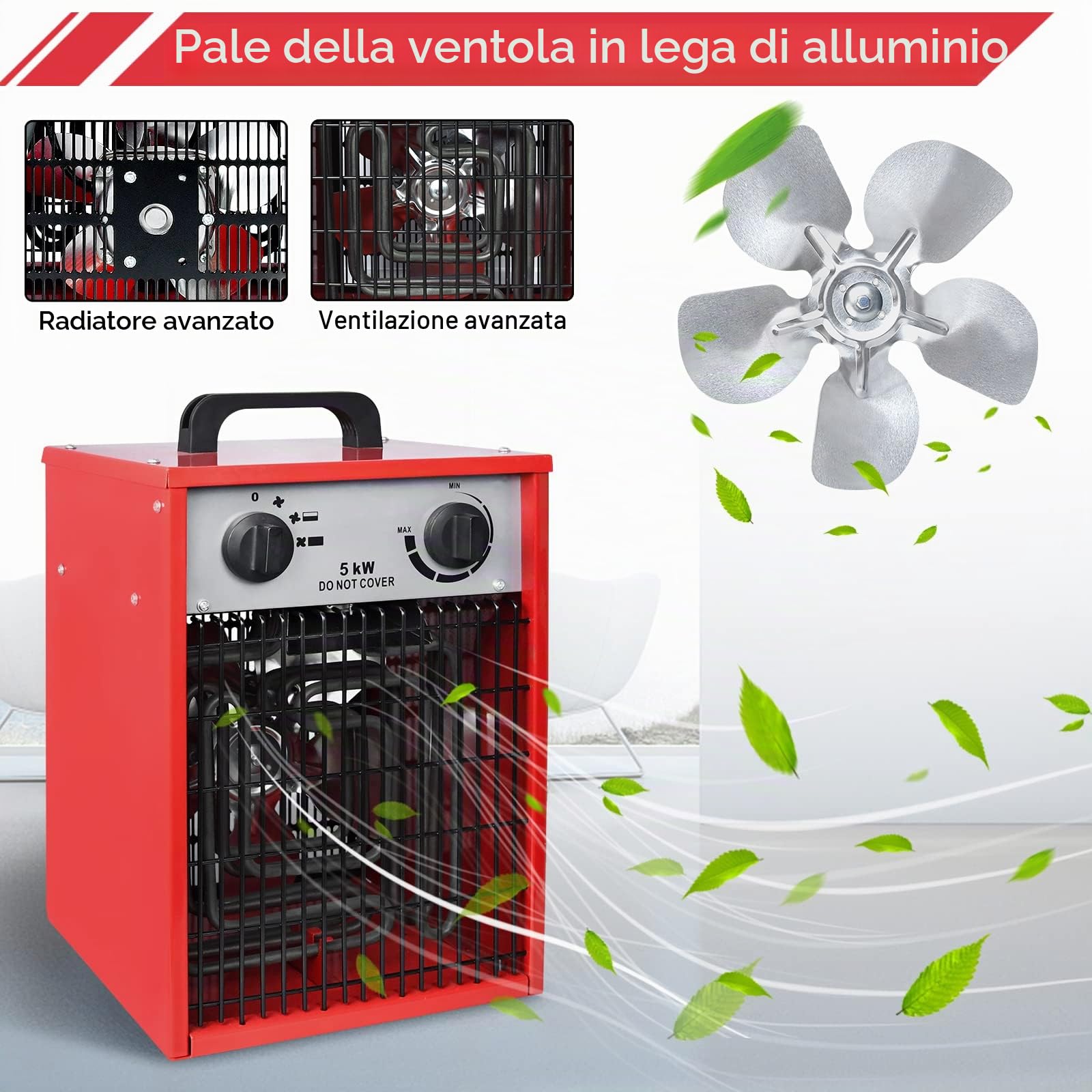 LARS360 Termoventilatore elettrico a risparmio energetico 5000 Watt – Riscaldamento industriale professionale con 3 livelli di riscaldamento, riscaldatore elettrico per uso interno ed esterno