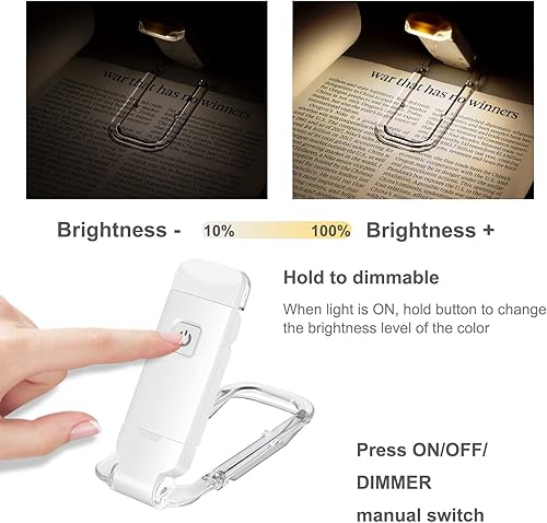 Miniatura 2 de HONWELL Luz LED recargable con clip, 3 niveles de brillo regulables para protección ocular, lámpara de lectura portátil para ratones de biblioteca,
