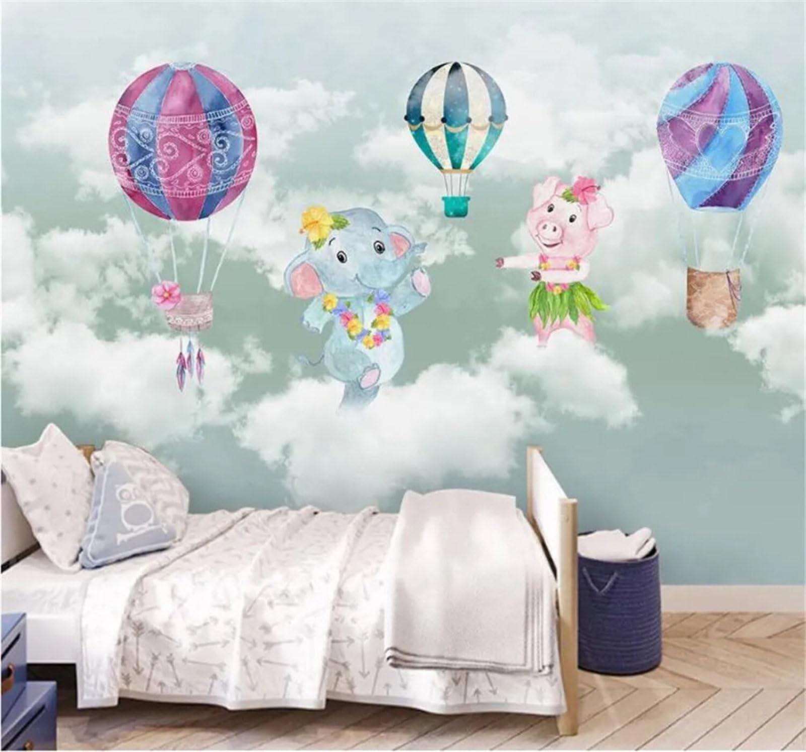Tzxztt Fresh Minimalist Hand Drawn Hot Air Balloon Animals Modern 3D Wallpaper Premium Textured Silk Neutral Tones Material Ideal for Living Room Bedroom-350cm×256cm