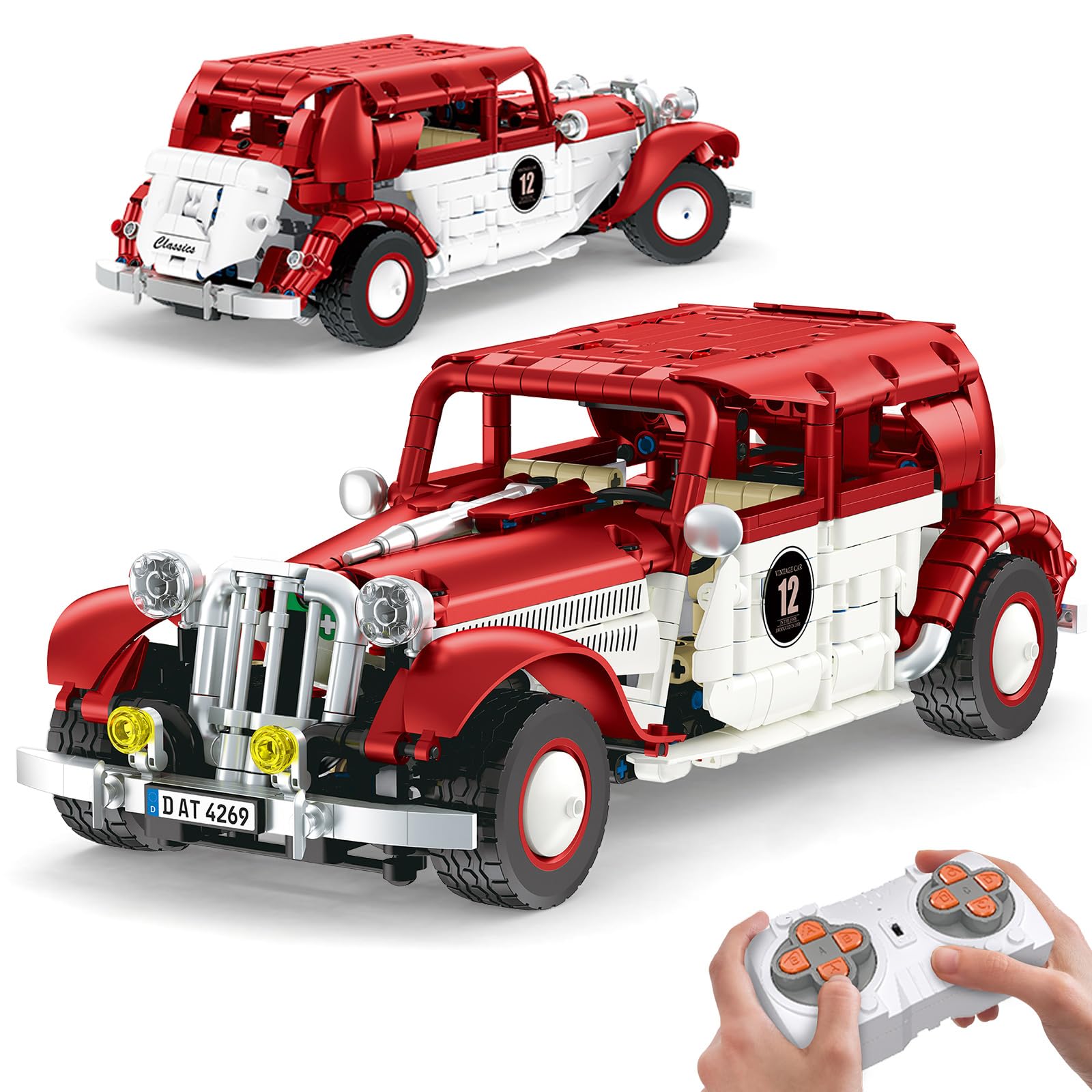 HIGH GODO Technik Auto Klemmbausteine, Oldtimer Modell Mit Fernbedienung 916 Teile Ferngesteuert Vintage Auto, Bausteine Set Geschenke für Erwachsene Sammler 14+