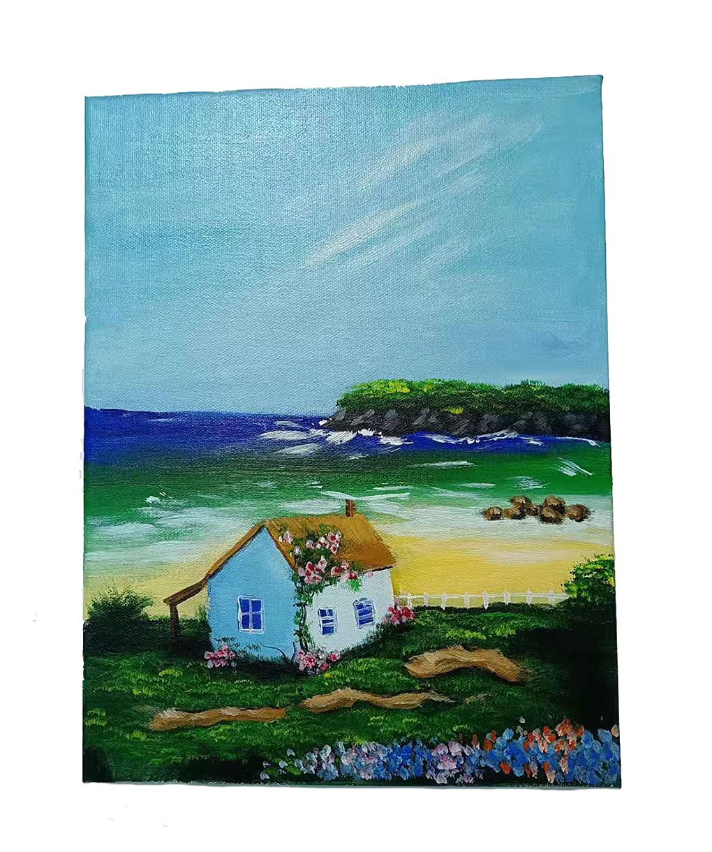 FAVO Small House By The Sea 100%Handmade Oil Painting Wall Art on Canvas Painting Modern Poster Picture Vertical Artwork Customizable from Picture (12x16 Inch)