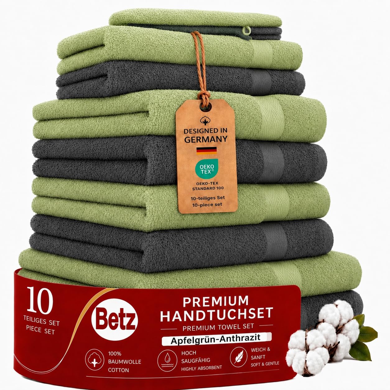 Betz Juego de 10 Toallas Premium 100% algodón 2 Toallas de baño 4 Toallas de Lavabo 4 Toallas de tocador 2 Manoplas de baño Color Verde Manzana y Gris Antracita