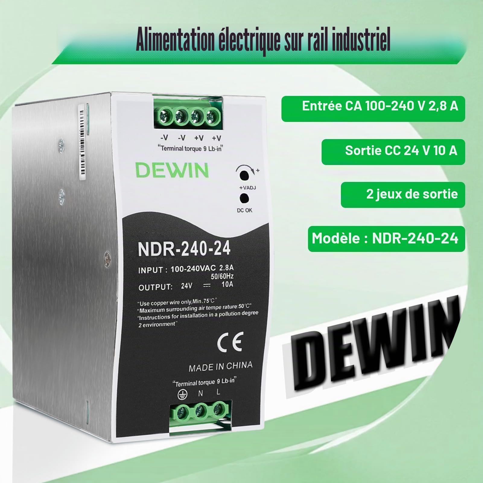 Alimentation sur rail din 24V 10A 240W bloc d'alimentation pour rail din transformateur Entrée AC100-240V 2.8A sortie DC24V 10A alimentation à découpage industrielle NDR-240-24