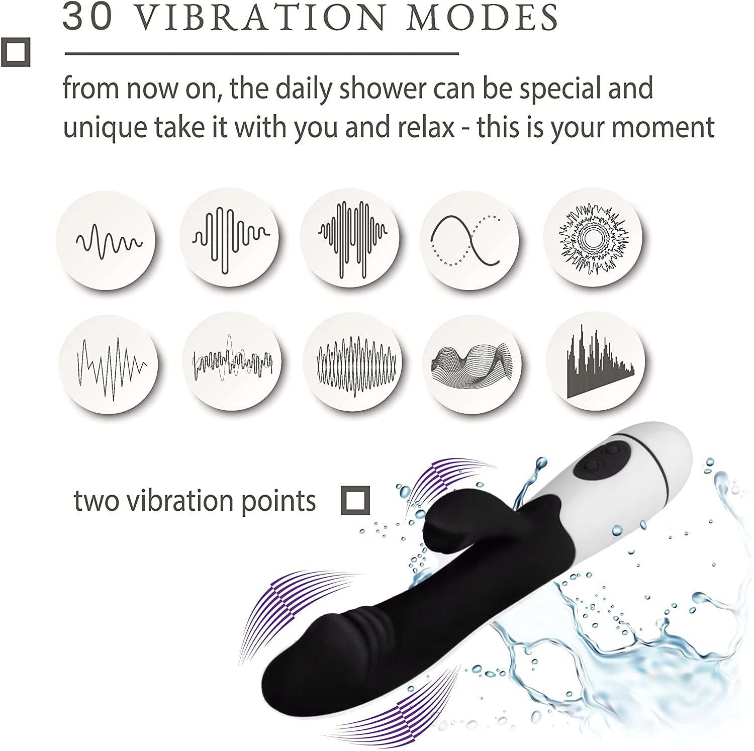 Vibratore Rabbit 19cm ⌀3cm – 30 Modalità, Nero Stimolatore Clitoride e Punto G in Silicone, Dildo Impermeabile, Sex Toy Donna, FOPS W25-3