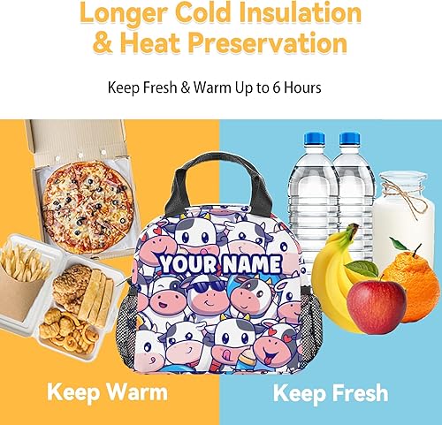 Miniatura 6 de Lonchera personalizada de vaca para niños, lonchera aislada para niñas, bolsas de almuerzo ligeras y lindas con correa para el hombro, pequeña bolsa
