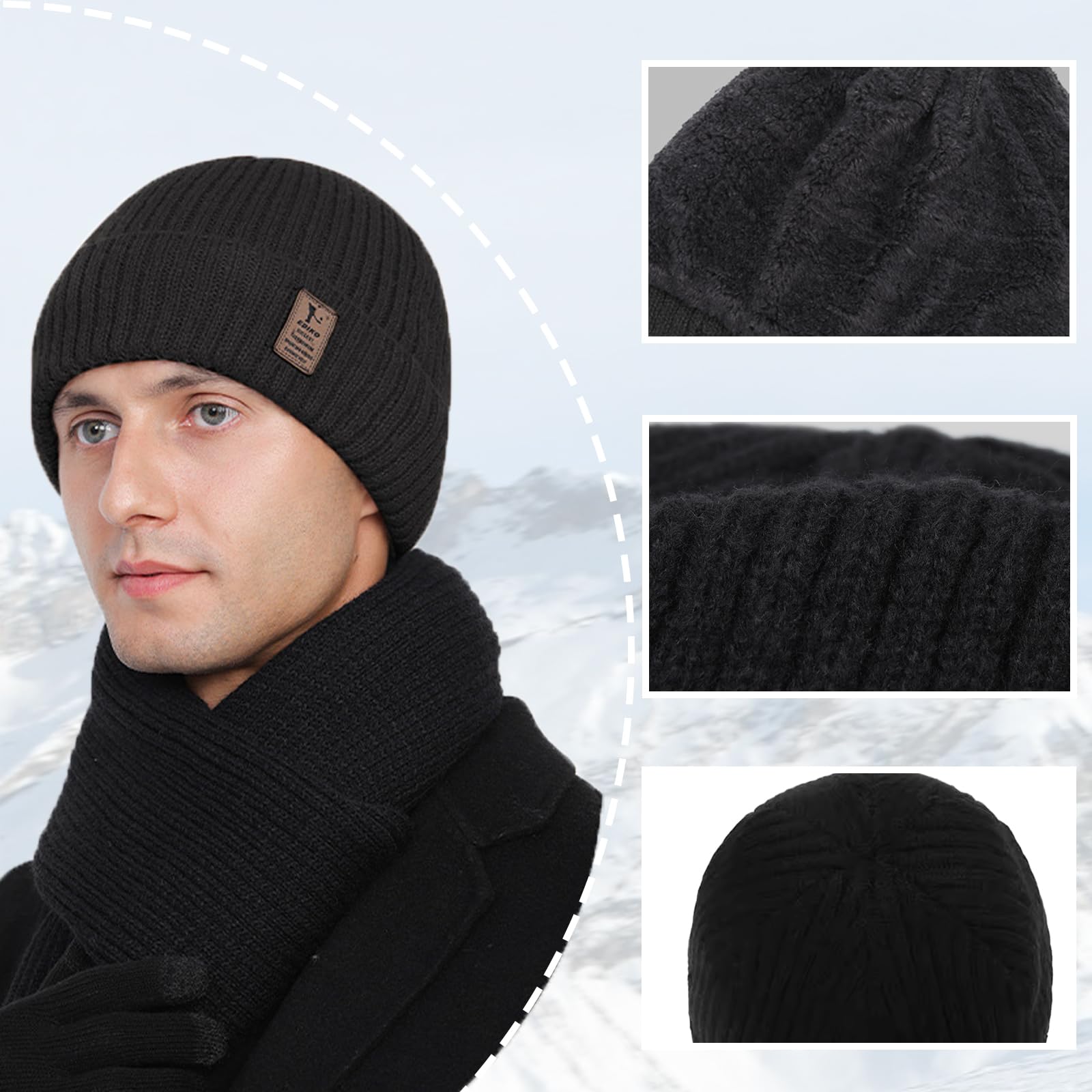 Negro Gorro de Punto Hombres y Mujeres, Invierno Termicos Gorro Beanie de Punto, Cálido Gorra de Polar, Gorros Cálidos de Invierno, Gorro de Punto Grueso