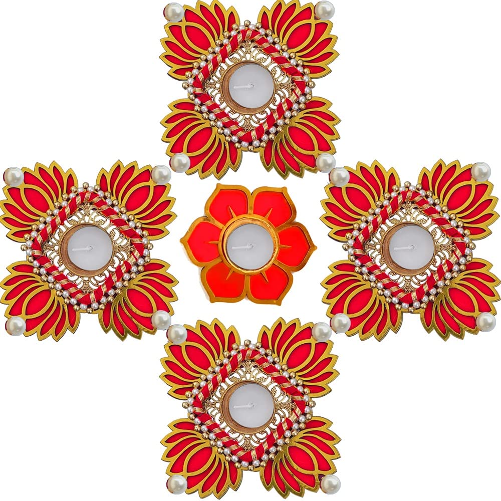 Diwali Decorative 4 Red Lotus Joint MDF Rangoli with Flower Diya Tea Light Candles - for Home Temple Floor Rangoli Decoration Pooja Festival New Year Deepawali Ganesha chaturthi durgapuja