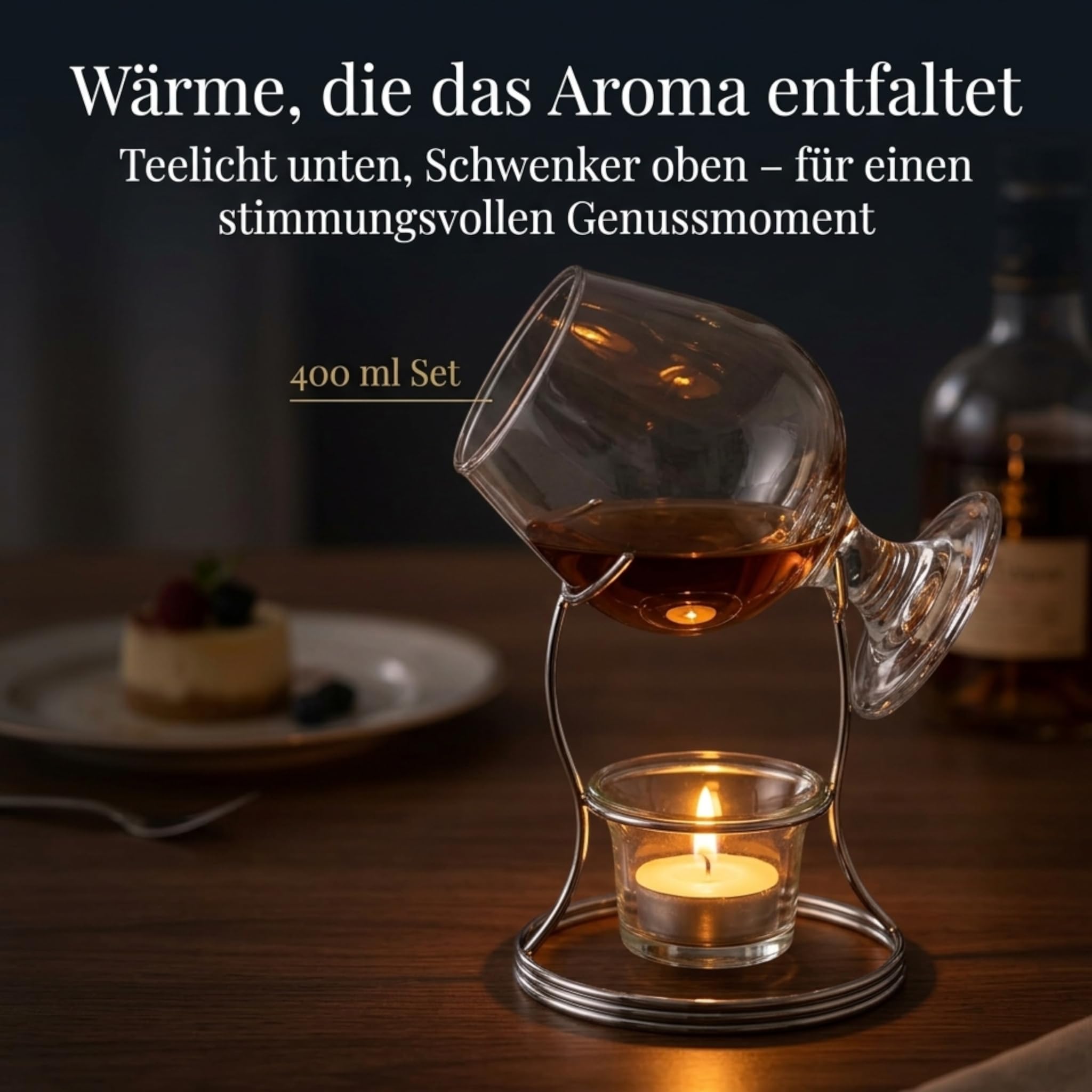 MIJOMA Brandy Warmer Set de regalo – Calentador de coñac con cristal giratorio de 400 ml, soporte de acero inoxidable y portavelas de cristal, aroma para los amantes