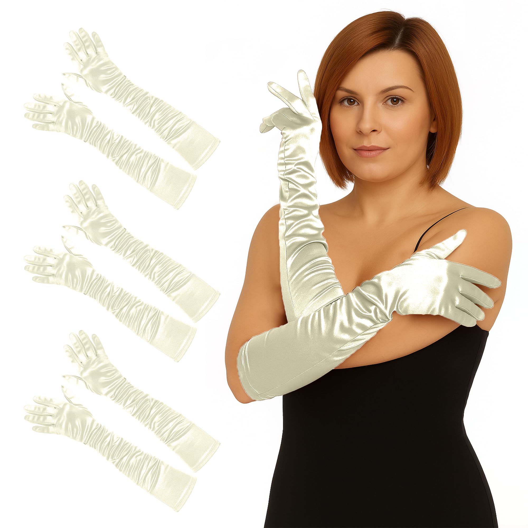 Womens Long Satin Gloves - Elbow Length Bridal Ruched Fancy Dress Wedding Evening Party Opera Gloves For Women UK, 3 P Ivory