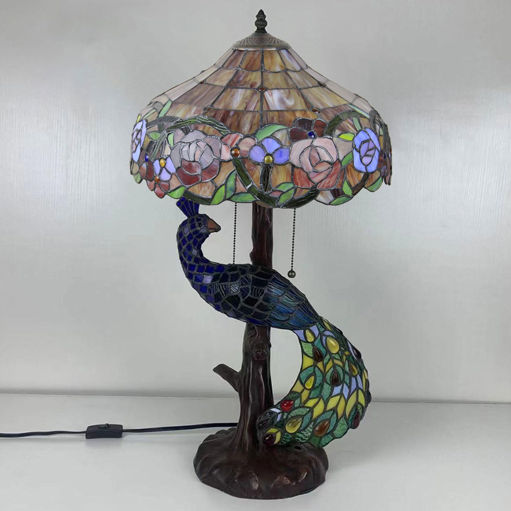 Table Lamp Lámpara de 16 Pulgadas de Ancho Hecha a Mano con vidrieras, lámpara de mesita de Noche, luz de Escritorio de Pavo Real Rosa para Cocina, Esquina, Oficina, Dormitorio, Sala de Estar, Boda,