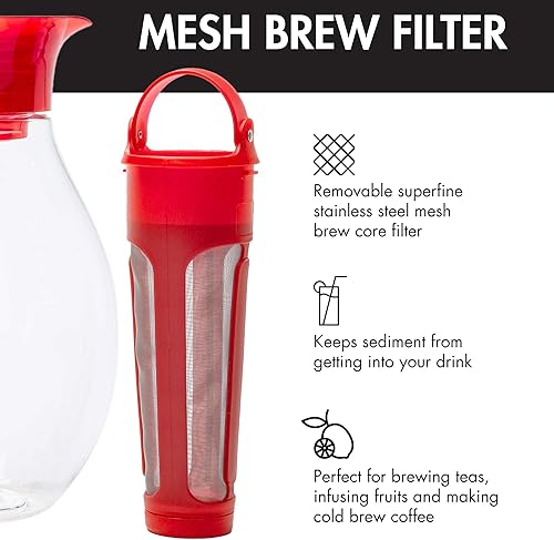 Vista 5 de Primula The Big Iced Tea Maker Tritan Plastic Infusion Beverage Pitcher with Leak Proof, Airtight Lid, Fine Mesh Resuable Filter, Manufactured Rojo