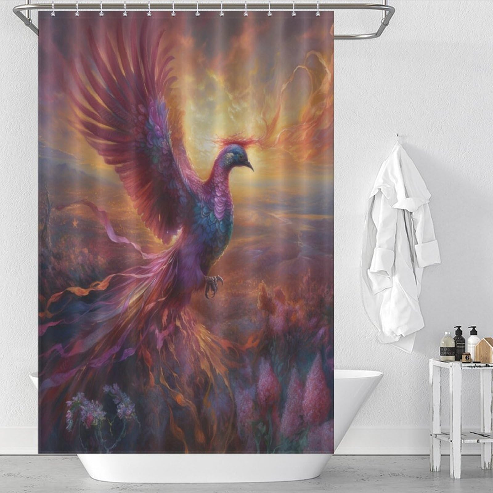 Rideau de douche tissu polyester Phénix de Fleurs Sauvages imperméable 122x183cm pour salle de bain