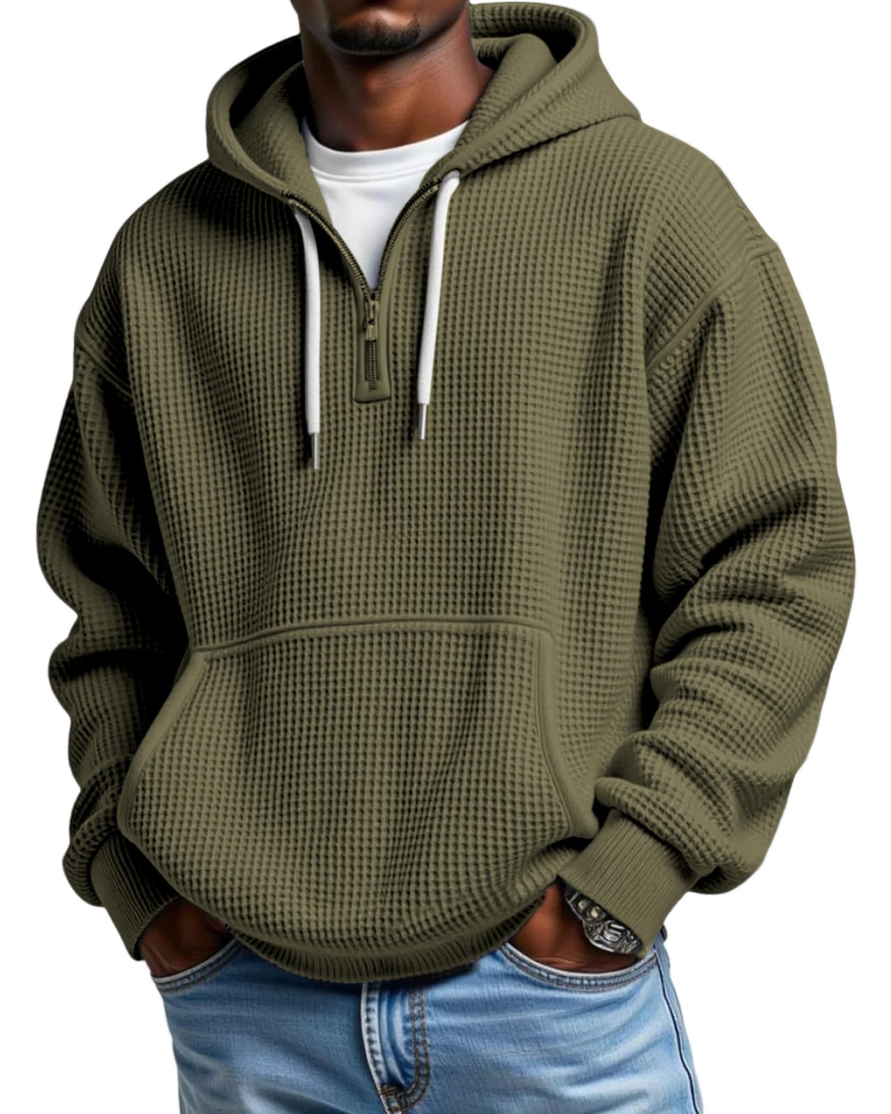 PIDOGYM Men's Quarter Zip Hoodie Waffle Knit Pullover Long Sleeve Casual Loose Fit Sweatshirt Hooded Tops with Pockets Army Green