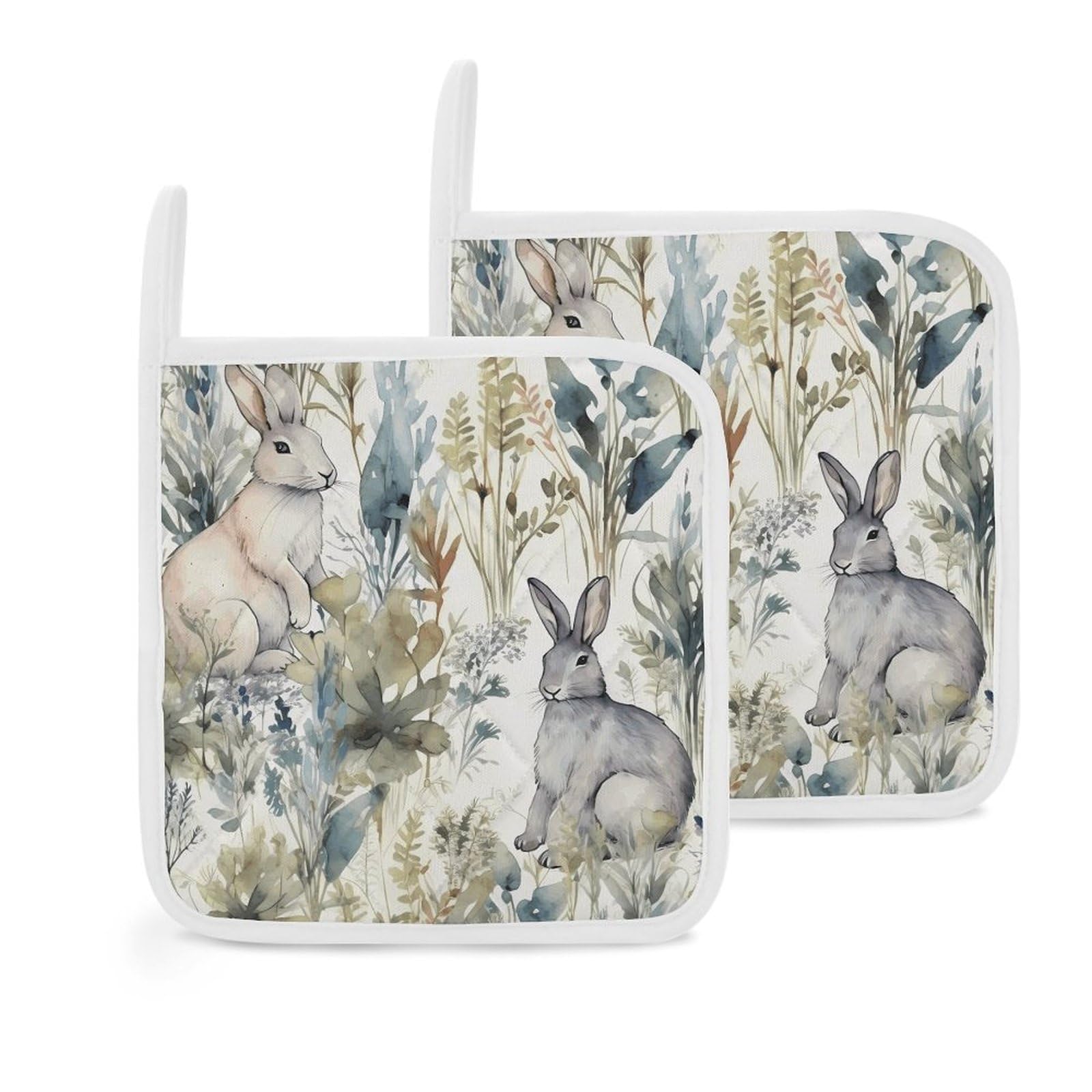 Btcowzrv Style Hand Drawn Rabbit 2 Pack Pot Holders For Kitchen, Heat Resistant Potholder Set With Hanging Loops, Hot Pads For Oven Baking Cooking