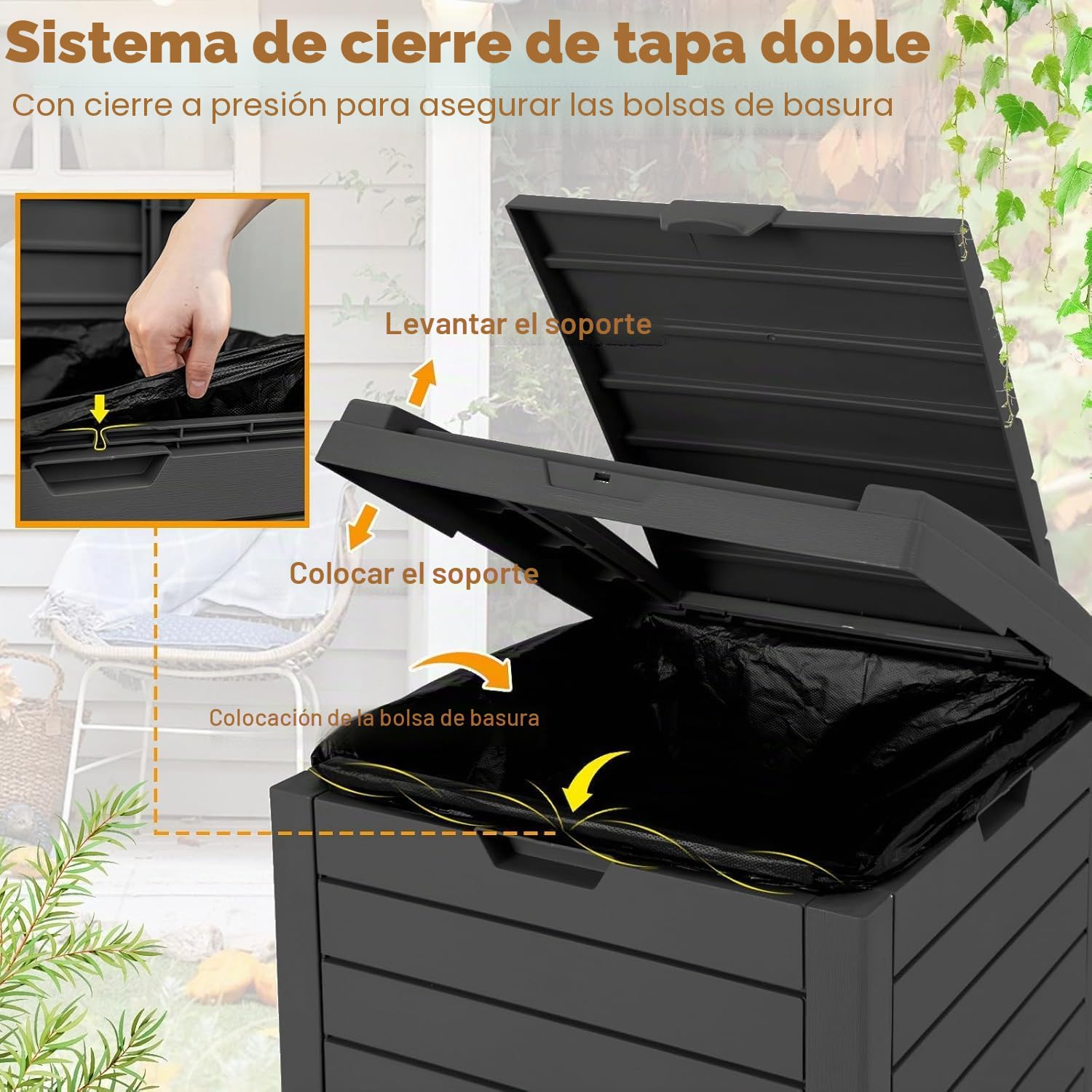FANTASK Cubo de basura de 118 litros con tapa con bandeja extraíble y asa, cubo de basura para exteriores, para jardín, en negro, resistente al agua para porche, patio trasero, terraza