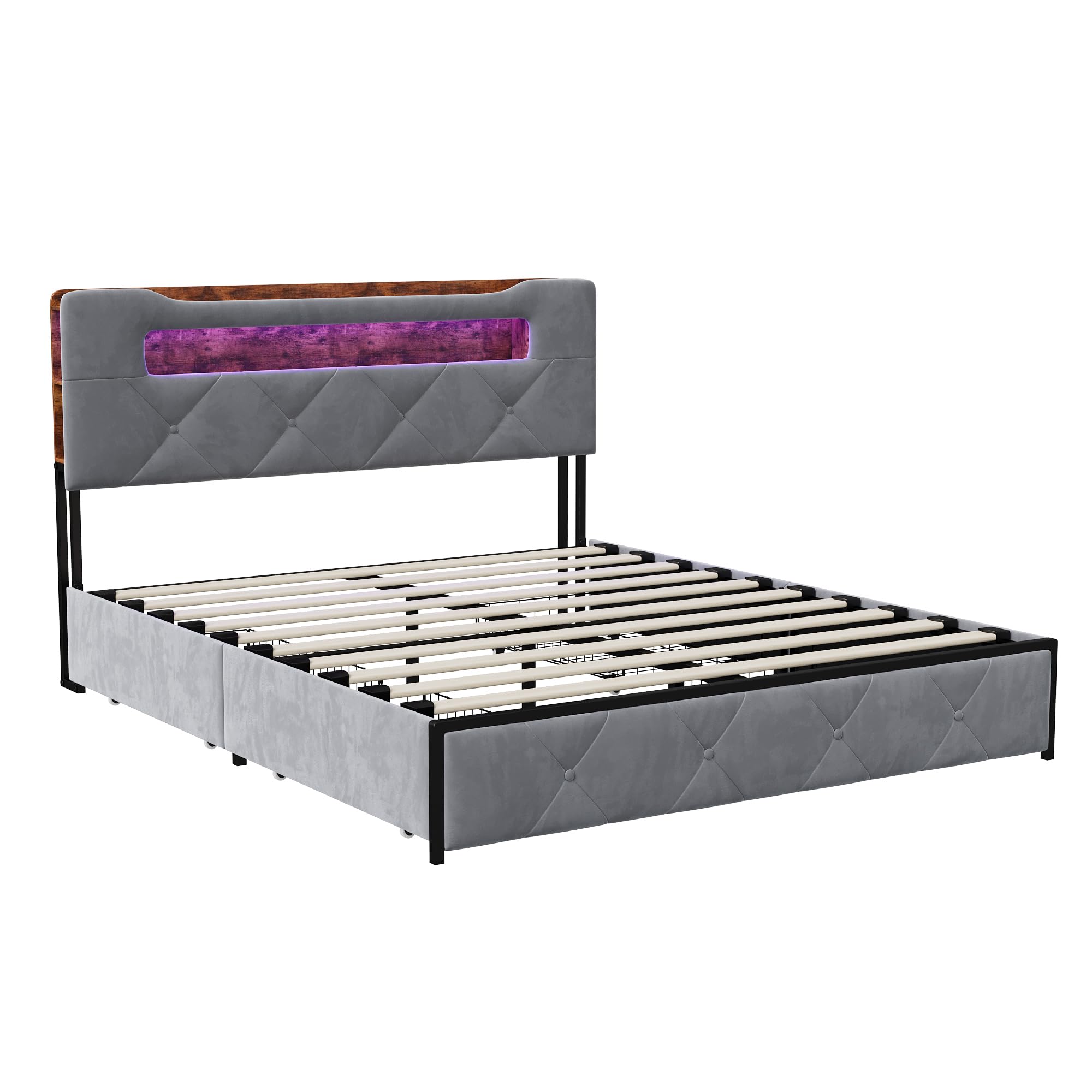 Letto 160x200 Matrimoniale, Letto con 4 cassetti, testiera con Illuminazione a LED e Funzione di Ricarica USB,Struttura Letto in Metallo con doghe in Legno，Letto Imbottito Velluto,Gris