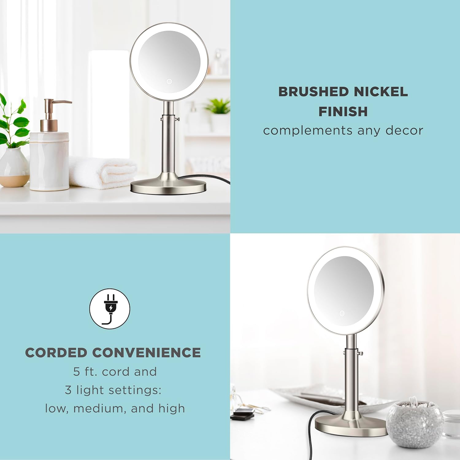 Conair Lighted Makeup Mirror, LED Vanity Mirror, 1X/5X Magnifying Mirror with Adjustable Telescoping, Corded in Brushed Nickel