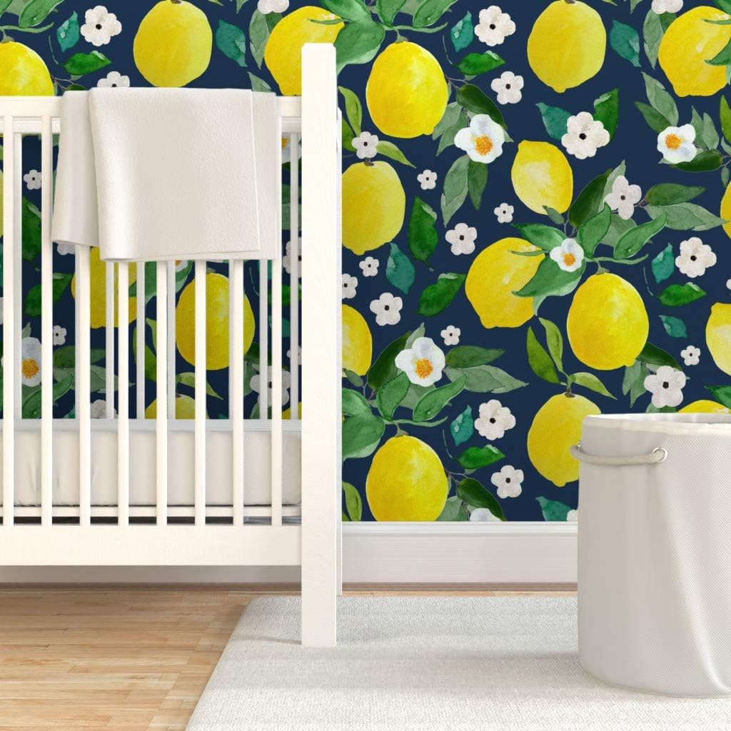 Peel & Stick Wallpaper 3ft x 2ft - Lemon Dark Blue Back Flowers Floral Spring Summer Garden Kitchen Custom Removable Wallpaper by Spoonflower