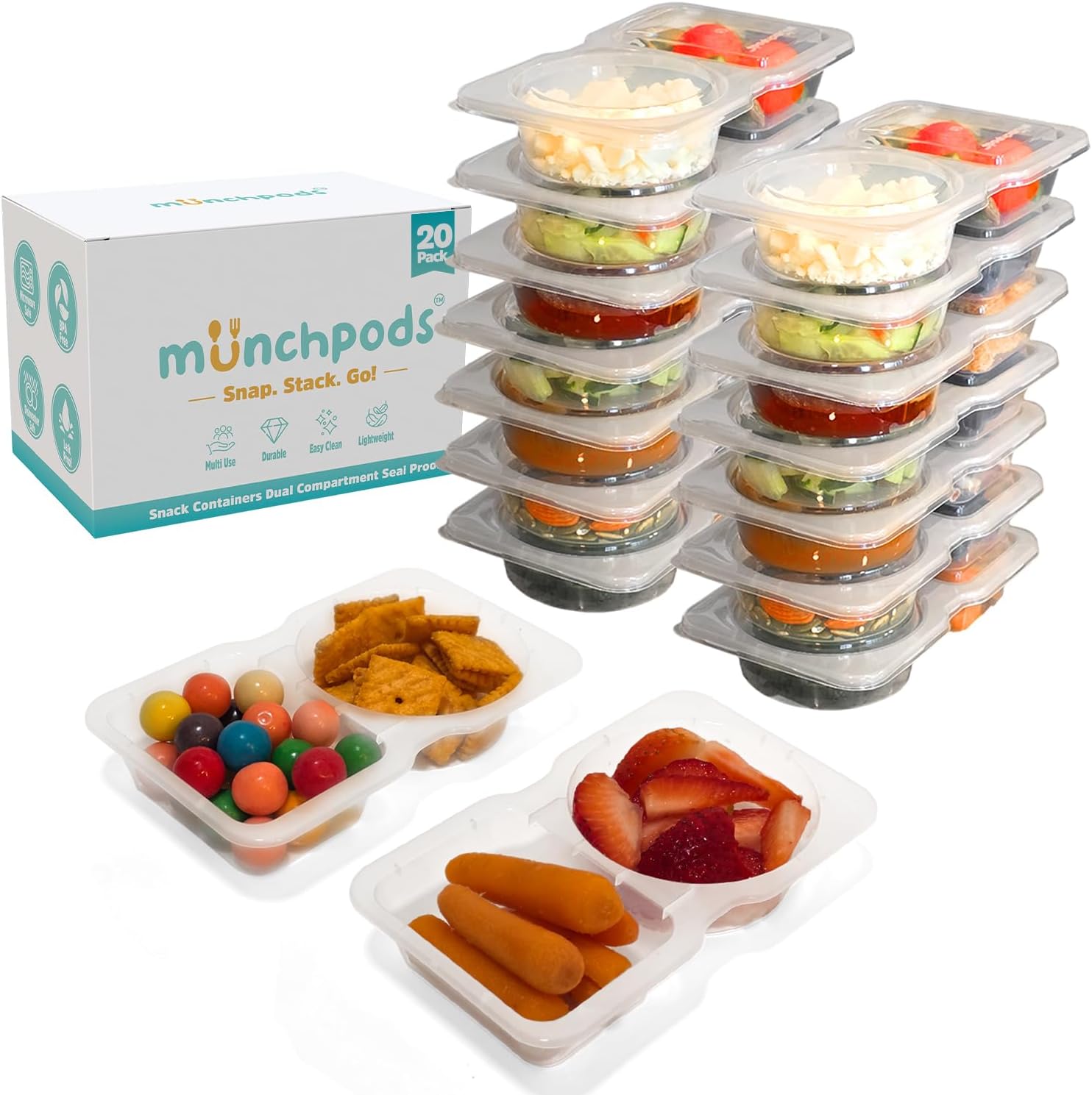 Munchpods 20-Pack Reusable Snack Containers with Lids for Kids & On-the-Go Meals