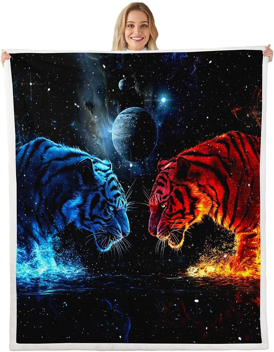 Feelyou Tiger Fleece Throw Blanket Adult Blue Red Tiger Blanket for Kids Boys Starry Planet Plush Blanket Wild Animal Fuzzy Blanket for Sofa Bed Couch,Throw 50x60 Inches