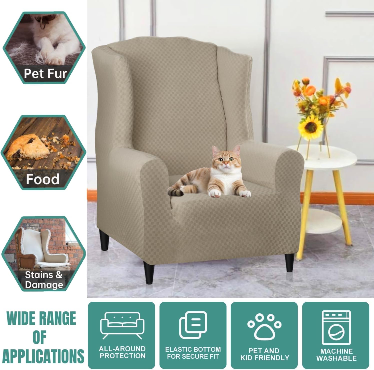 YEMYHOM 1 Piece Stretch Wingback Chair Slipcover Latest Jacquard Design Wing Chair Cover Non Slip Furniture Protector with Foam Rods for Living Room (Wing Chair, Khaki)