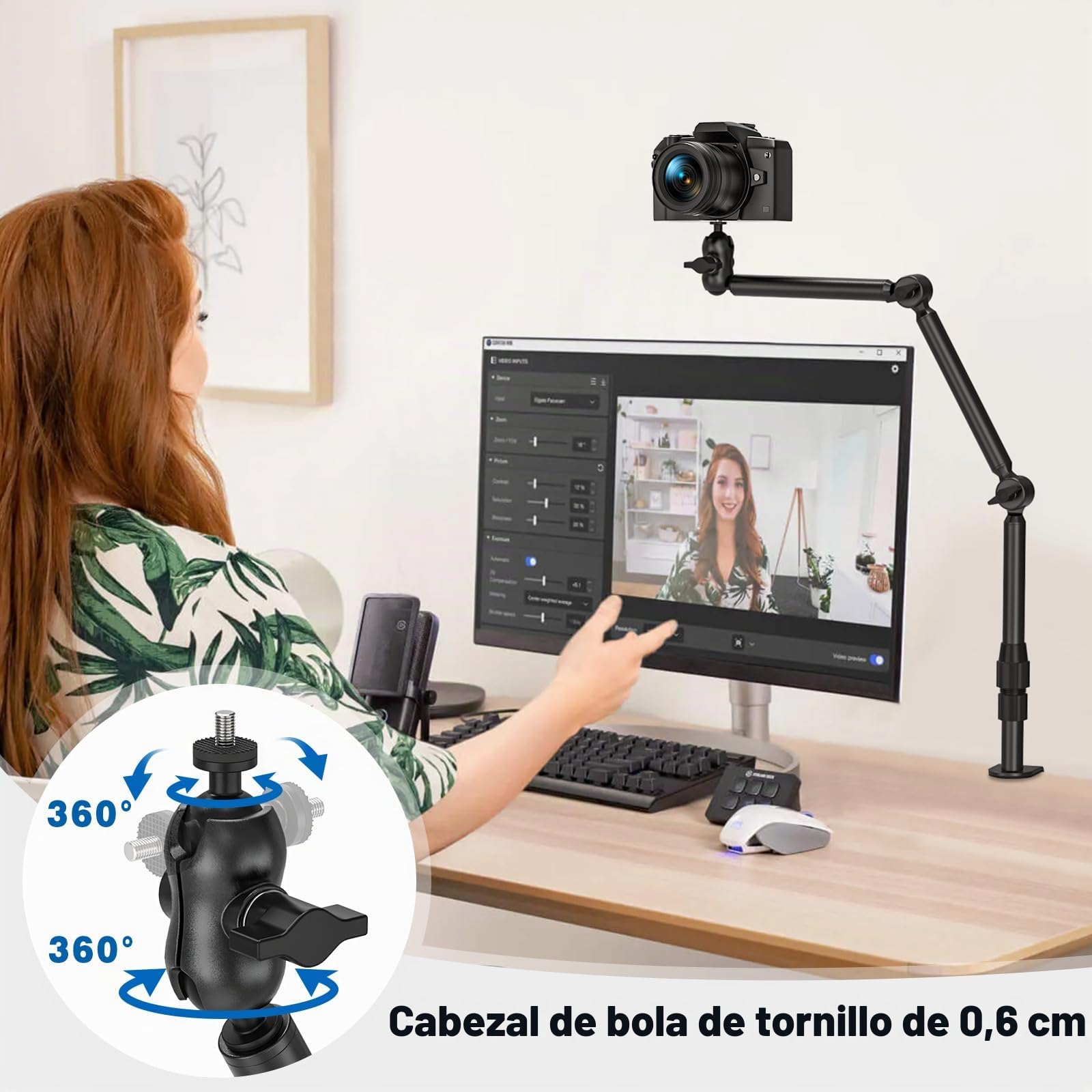Soporte de cámara de escritorio superior, soporte de montaje para cámara web de 31 pulgadas con tornillos de 1/4 pulgadas, abrazadera C ajustable de 360° para cámaras DSLR, luz de anillo,