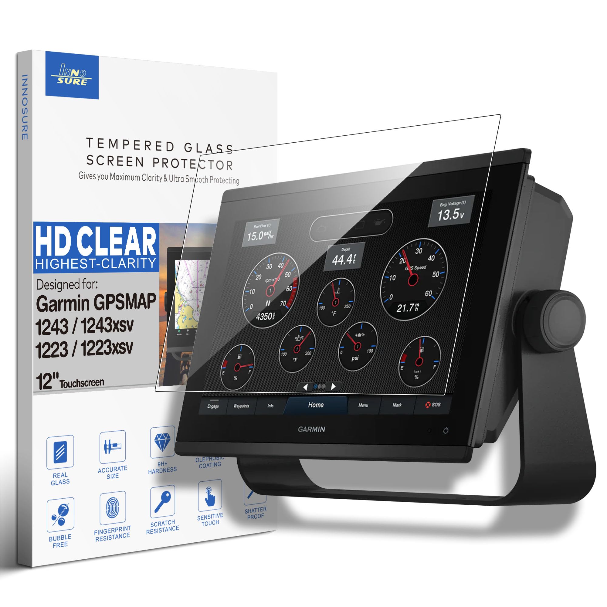 Photo 1 of INNOSURE Premium Tempered Glass Screen Protector designed for Garmin GPSMAP 1223 / 1223xsv / 1243 / 1243xsv / 1253xsv Marine Chartplotter 12 Inch Touchscreen 9H Anti Scratch (HD Clear)