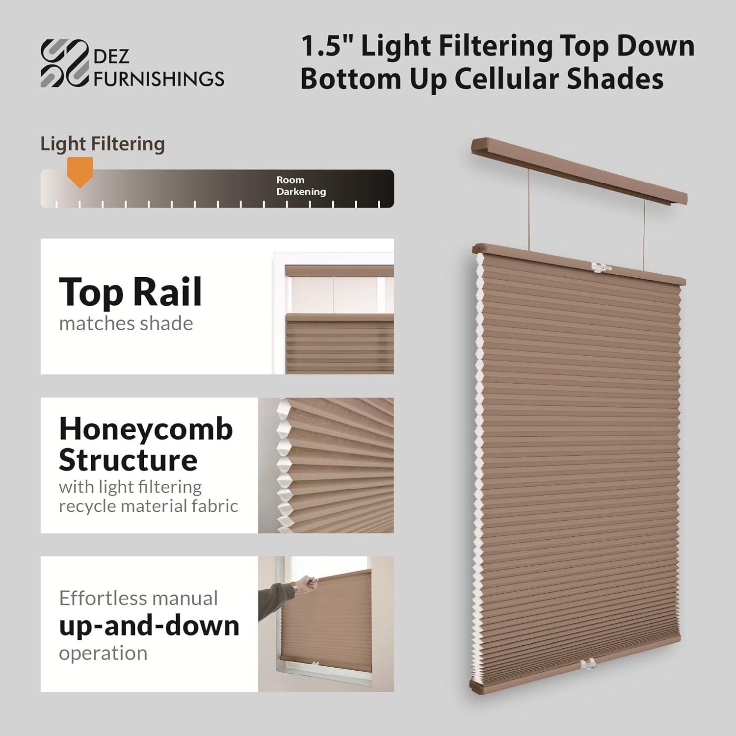 DEZ FURNISHINGS Cordless 1.5 Light Filtering Top Down Bottom Up Cellular Shade, 39 W x 36 H, Latte DEZ FURNISHINGS Cordless 1.5 Light Filtering Top Down Bottom Up Cellular Shade, 39 W x 36 H, Latte
