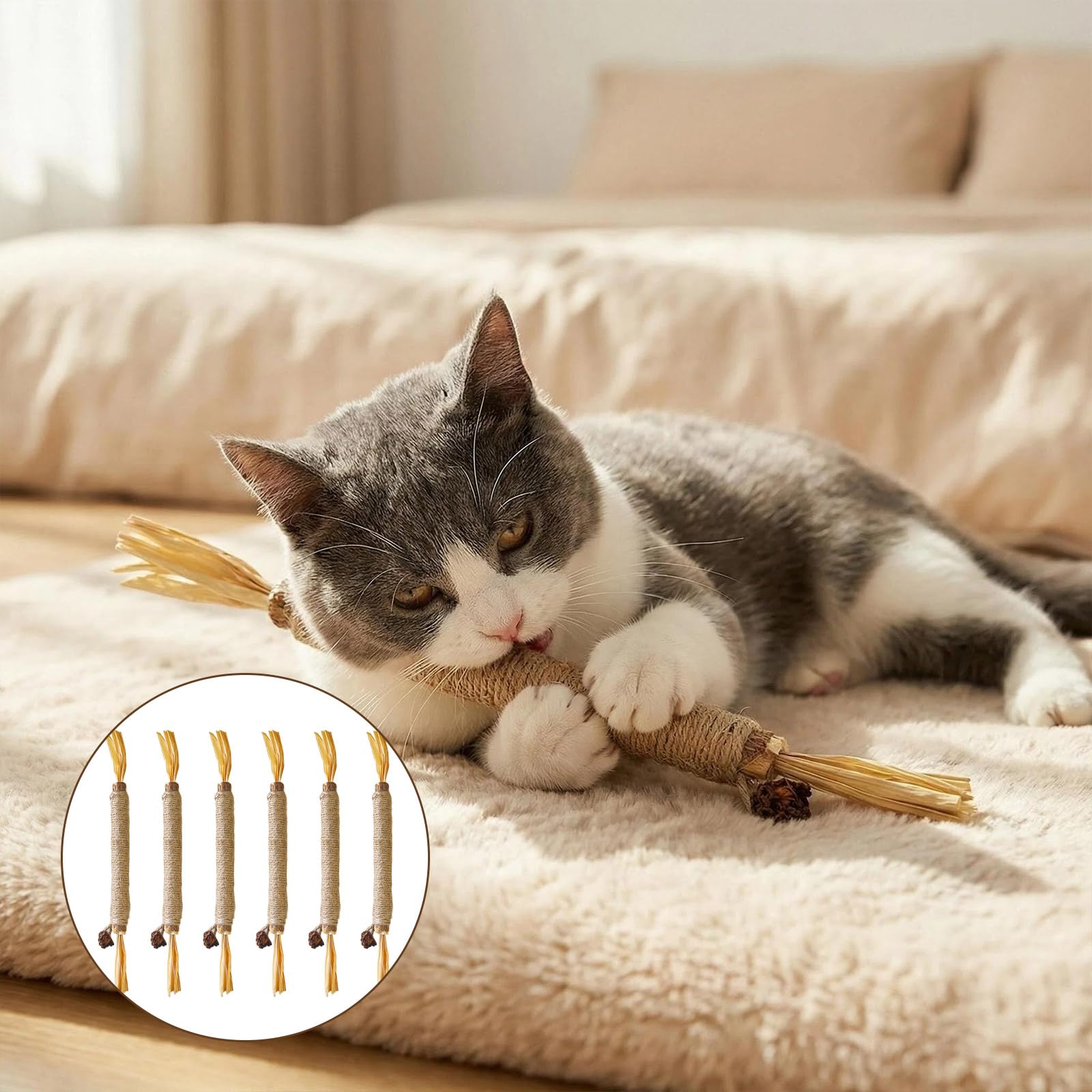 6 Piezas Naturales para Morder Gatos, Hierba Gatera Juguete Masticar Palos Gato, Palitos de Catnip para Gatos, Compatible para Gatos, Salud Oral y Estimulación de Ejercicio en Felinos