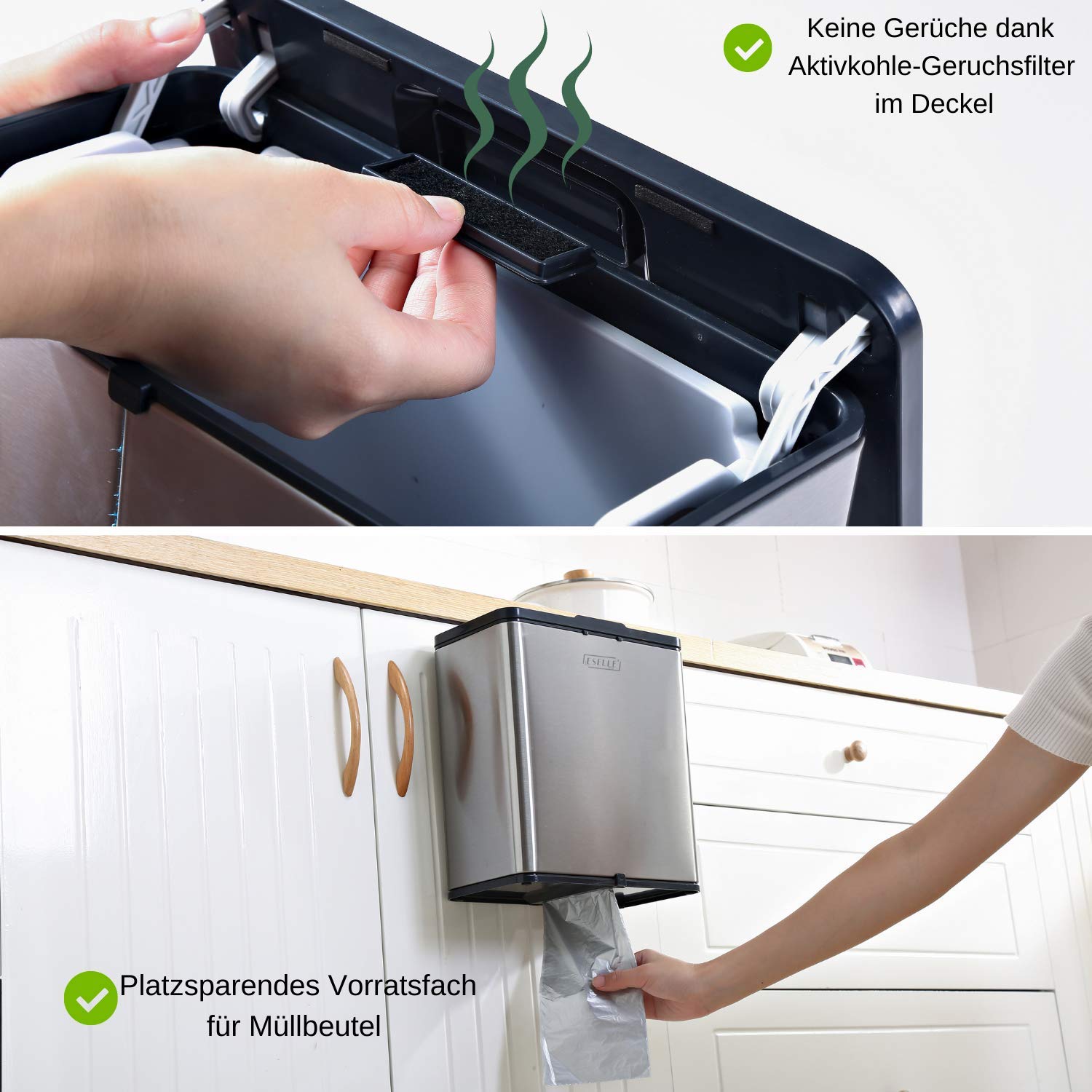 Biomüll-Abfalleimer 4,5 Liter, Aus Edelstahl Inkl. Kohlefilter