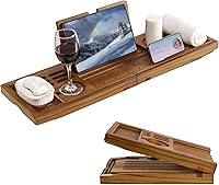 FLYJOE Luxury Teak Bathtub Tray: Foldable Expandable Bath Caddy with Wine Glass Holder, iPad & Book Stand for Spa Relaxation