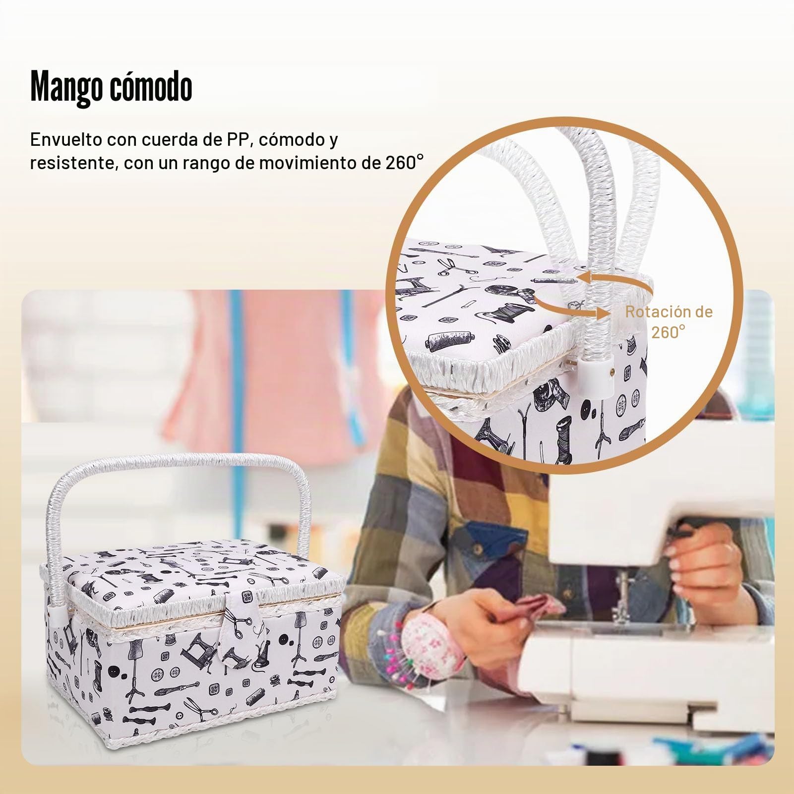 Cesta de Costura Grande, Caja de Costura con Bandeja Extraíble Y Bolsillo para Alfileres, Caja de Almacenamiento Portátil para Tijeras, Hilo, Agujas Y Suministros de Costura, 25 Cm X 17,5 Cm X 13 Cm
