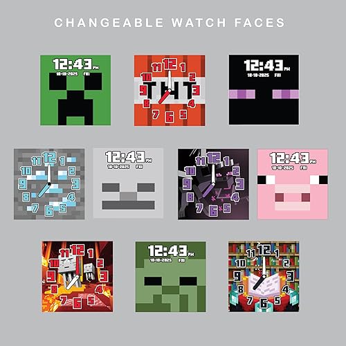 Miniatura 4 de Minecraft - Reloj inteligente LED interactivo con temática de juegos para niños, 10 caras intercambiables, contador de pasos, calculadora