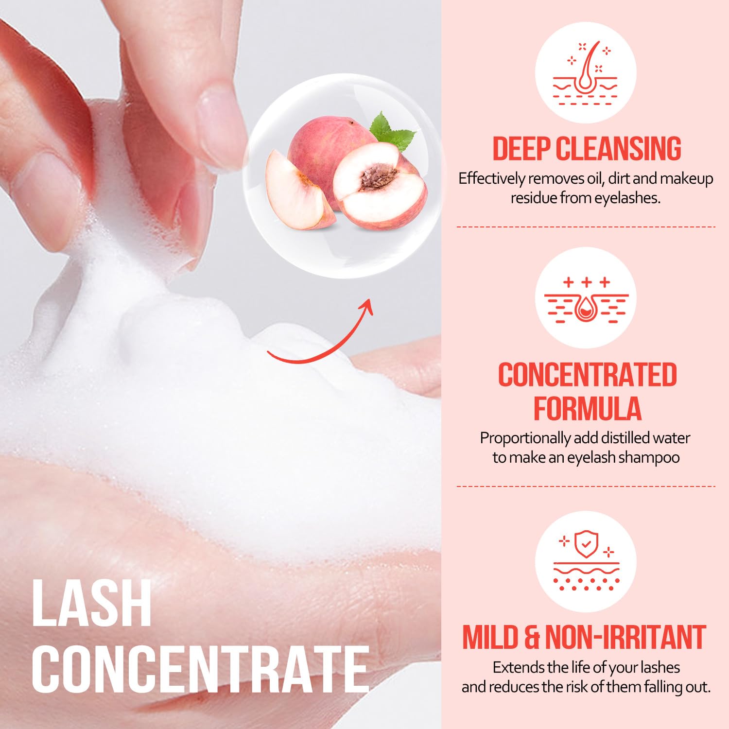 Lash Shampoo Concentrate 100 ml/3.4 fl.oz Lash Cleanser Concentrate Oil Free Eyelash Extension Shampoo for Salon Home Eyelash Care-Can Make 20 bottles of 60ml Lash Shampoo,Peach