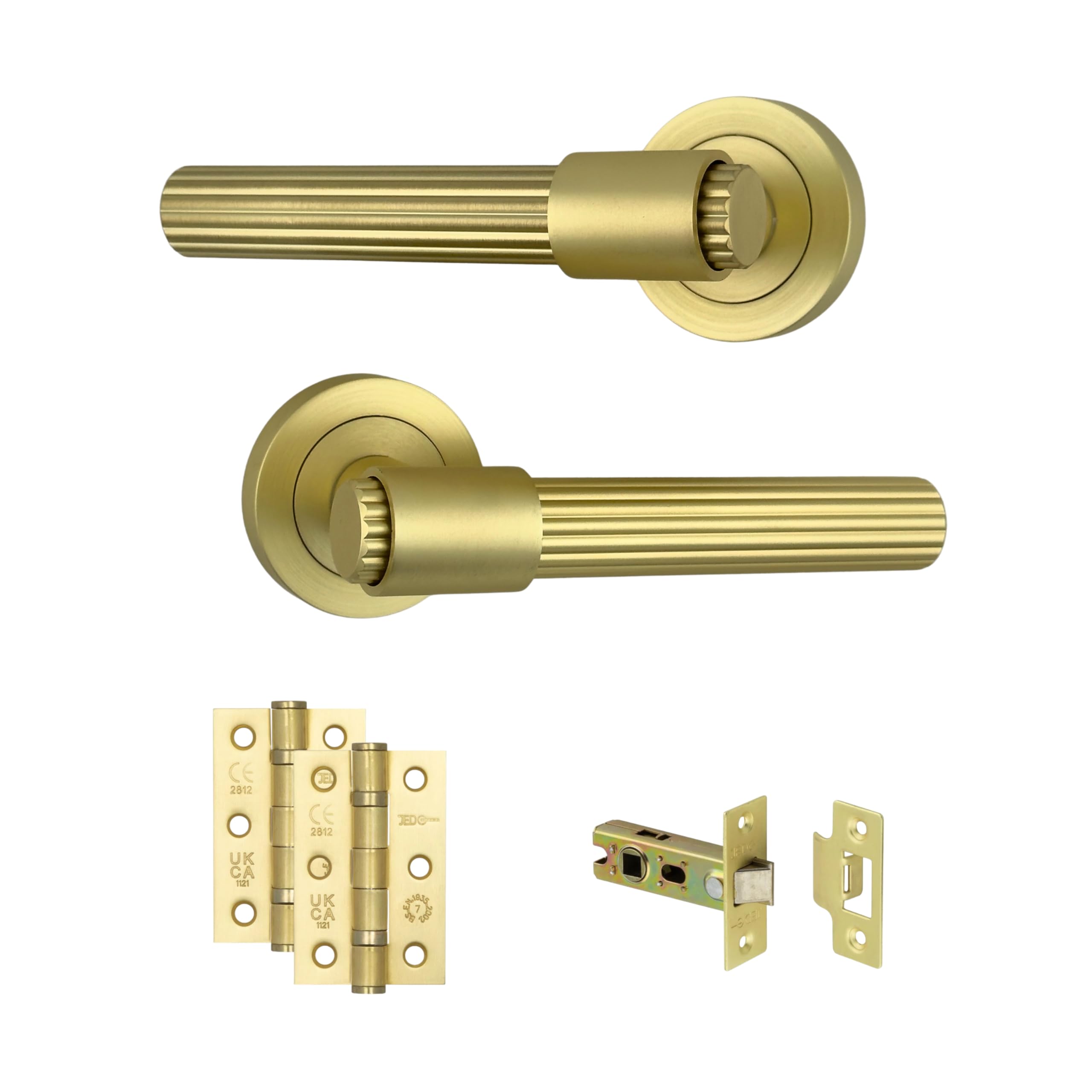 AXS Nevada Door Handle Pair on Rose – Internal Lever Handles with Stepped Collar Design – Latch & Bathroom Lock Options – Matt Black, Satin Brass, Antique Brass (Satin Brass, Door Pack)