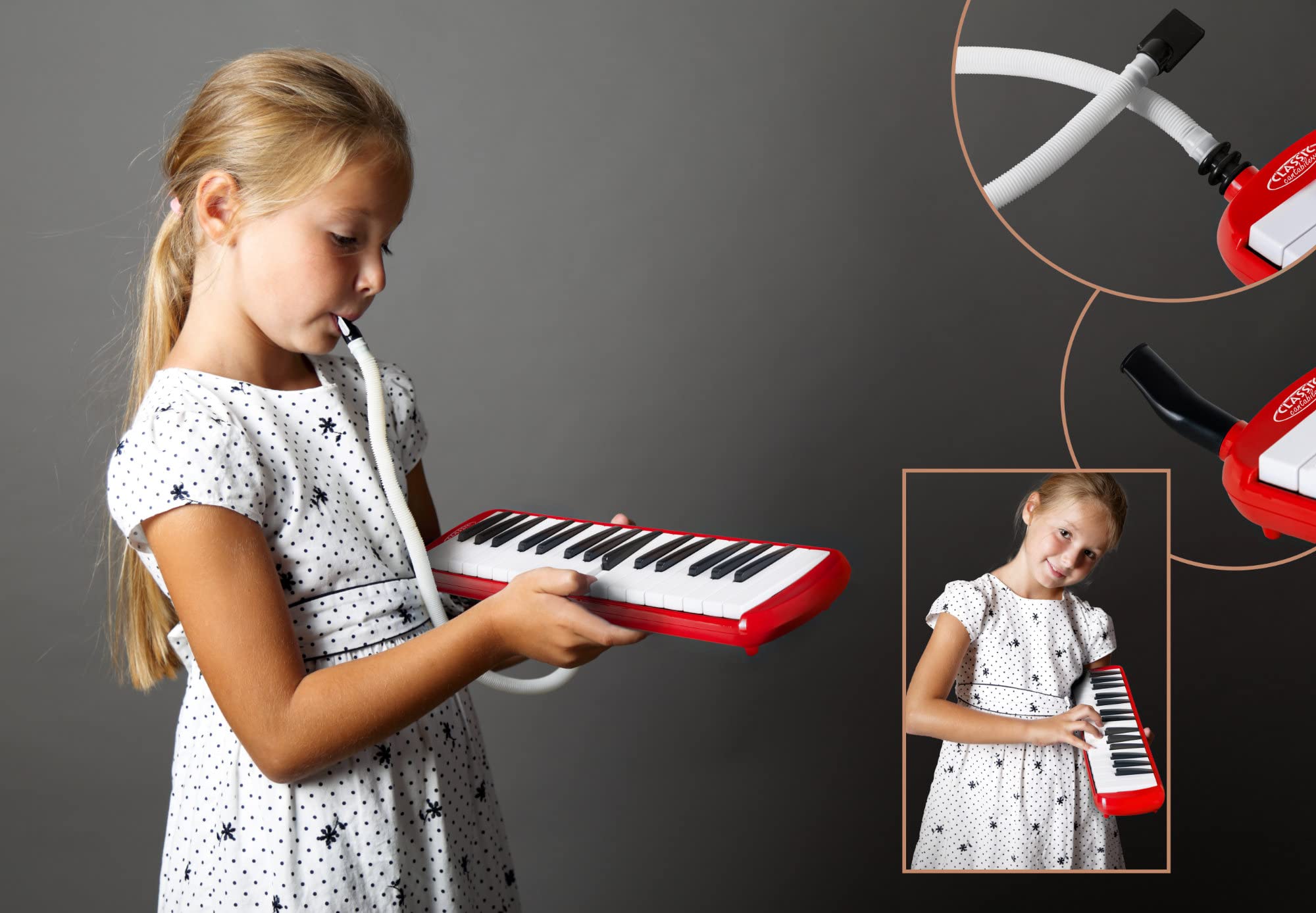 Classic Cantabile FML-32 RD Melodica de 32 teclas (rango f-c³) con folleto de 5 canciones, pegatinas, estuche, boquilla y tubo de soplado. Color rojo.