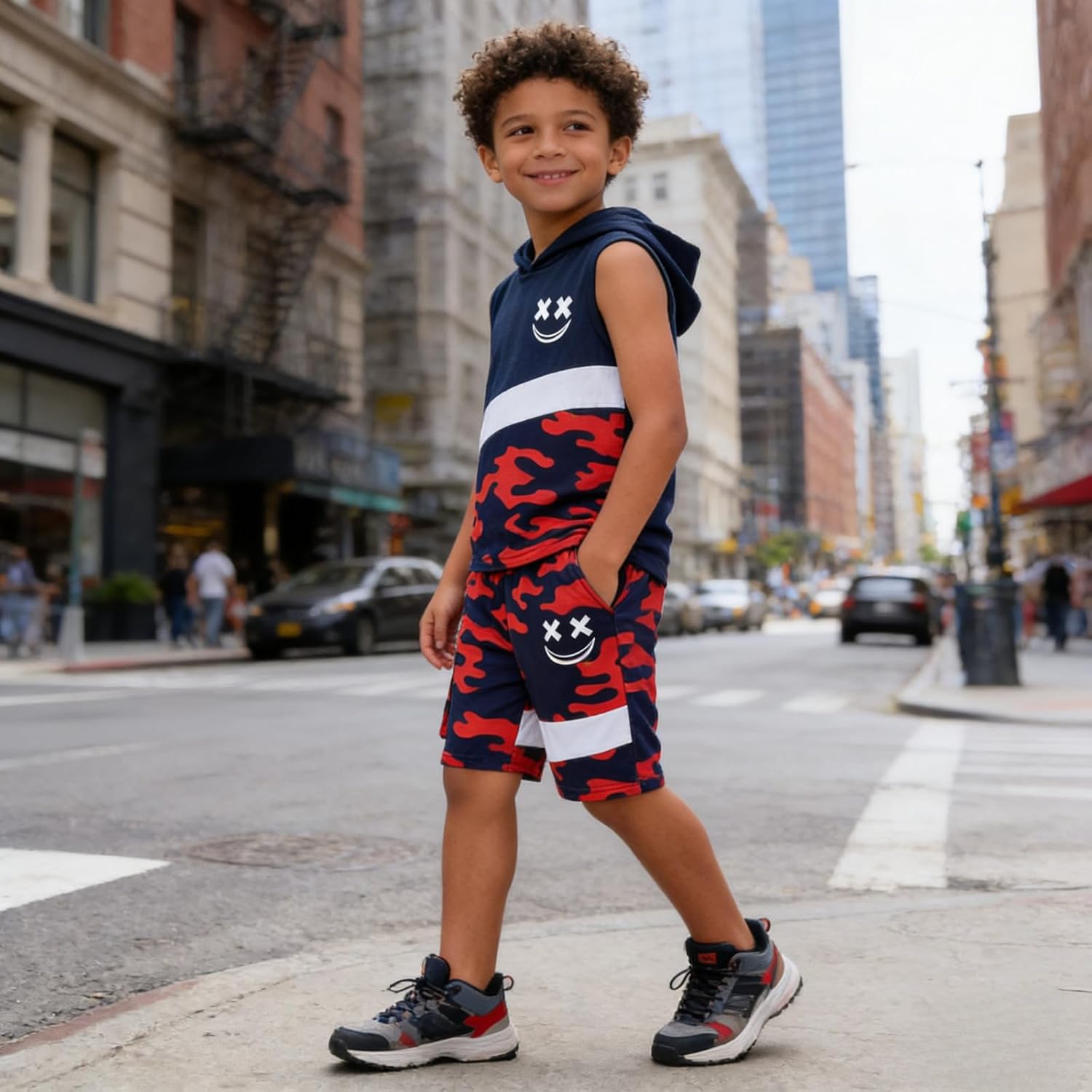 Boys Summer Clothes 2PCS Color Block Hooded Sleeveless Tee Tops & Camo Shorts Set Teen Boys Outfits Size 6-12Y - Image 3