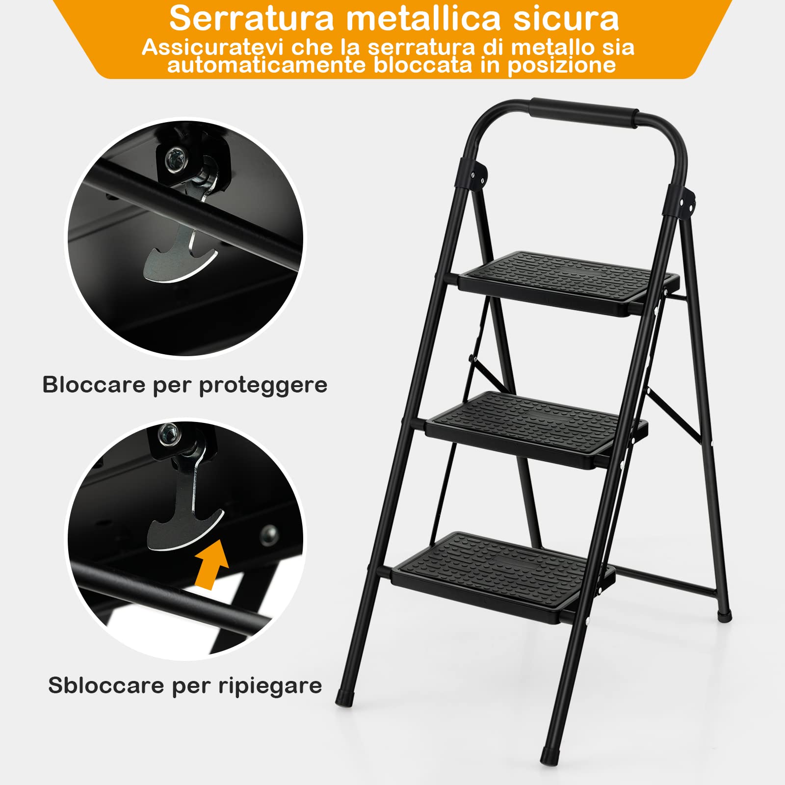 COSTWAY Scala Pieghevole a 3 Gradini con Corrimano in Metallo | Scaletta Pieghevole con Ampio Pedale, Piedi Antiscivolo, Carico 265kg, Nero