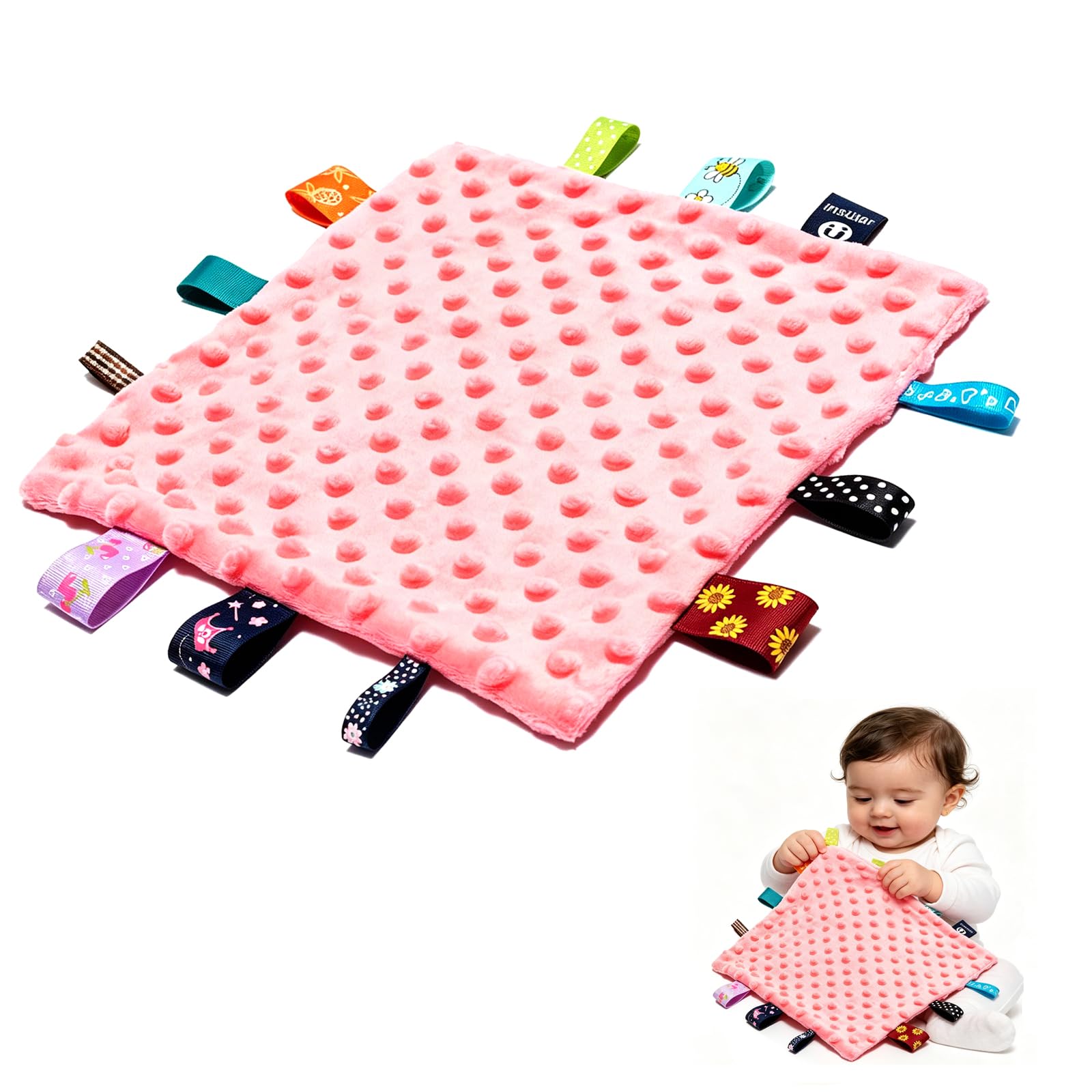KTJEGE 10 X 10 Inch Baby Comfor Blanket,Pink Baby Comforter Blankets with Colorful Taggies,Dot-plush Babies Blankets Newborn Soft,Cozy Easy-grip Newborn Blanket,for Babies Shower,Birthday Gift