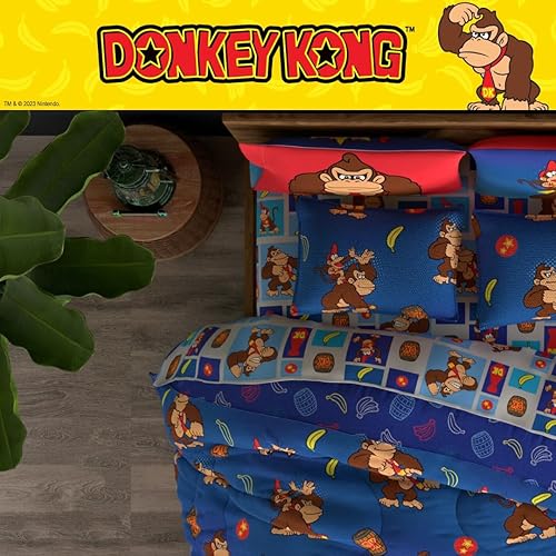 Miniatura 7 de Franco - Ropa de cama de Donkey Kong de Nintendo, juego de 7 piezas con edredón reversible y sábanas supersuaves con estilo gaming, con funda