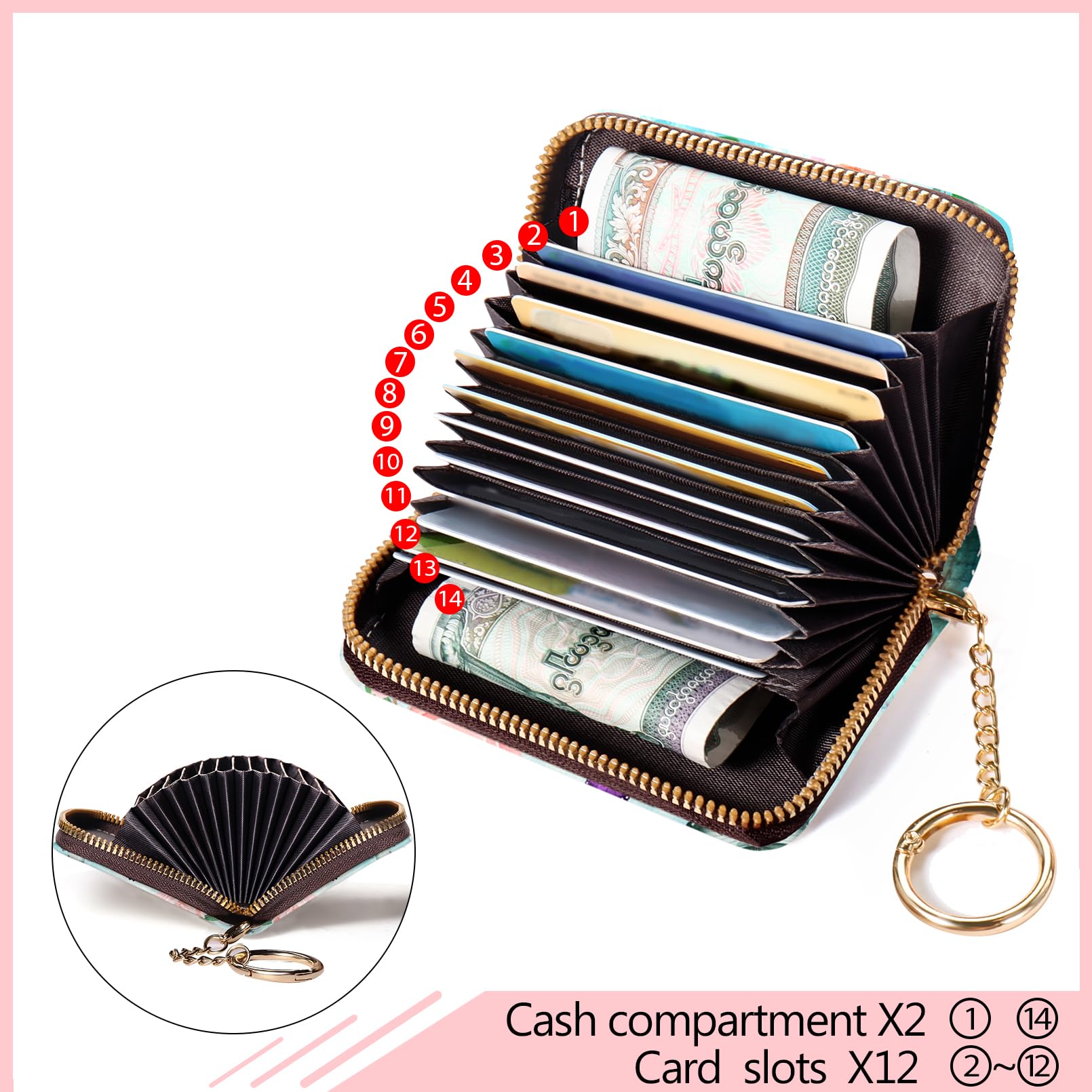 Blusabaca Credit Card Holder for Women, Gothic Floral Small RFID Wallet with Zipper, Card Keychain Wallet, Leather Wallet Card Case, Business Accordion Wallet Gift: Butterfly