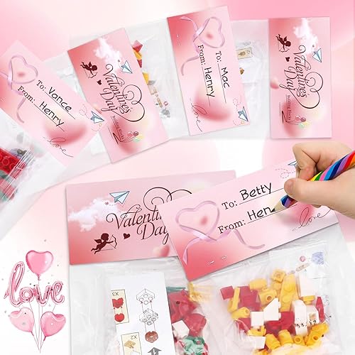 Miniatura 4 de Paquete de 24 bloques de construcción de flores de corazón rosa, regalos para el día de San Valentín para niños, regalos para el día de San Valentín