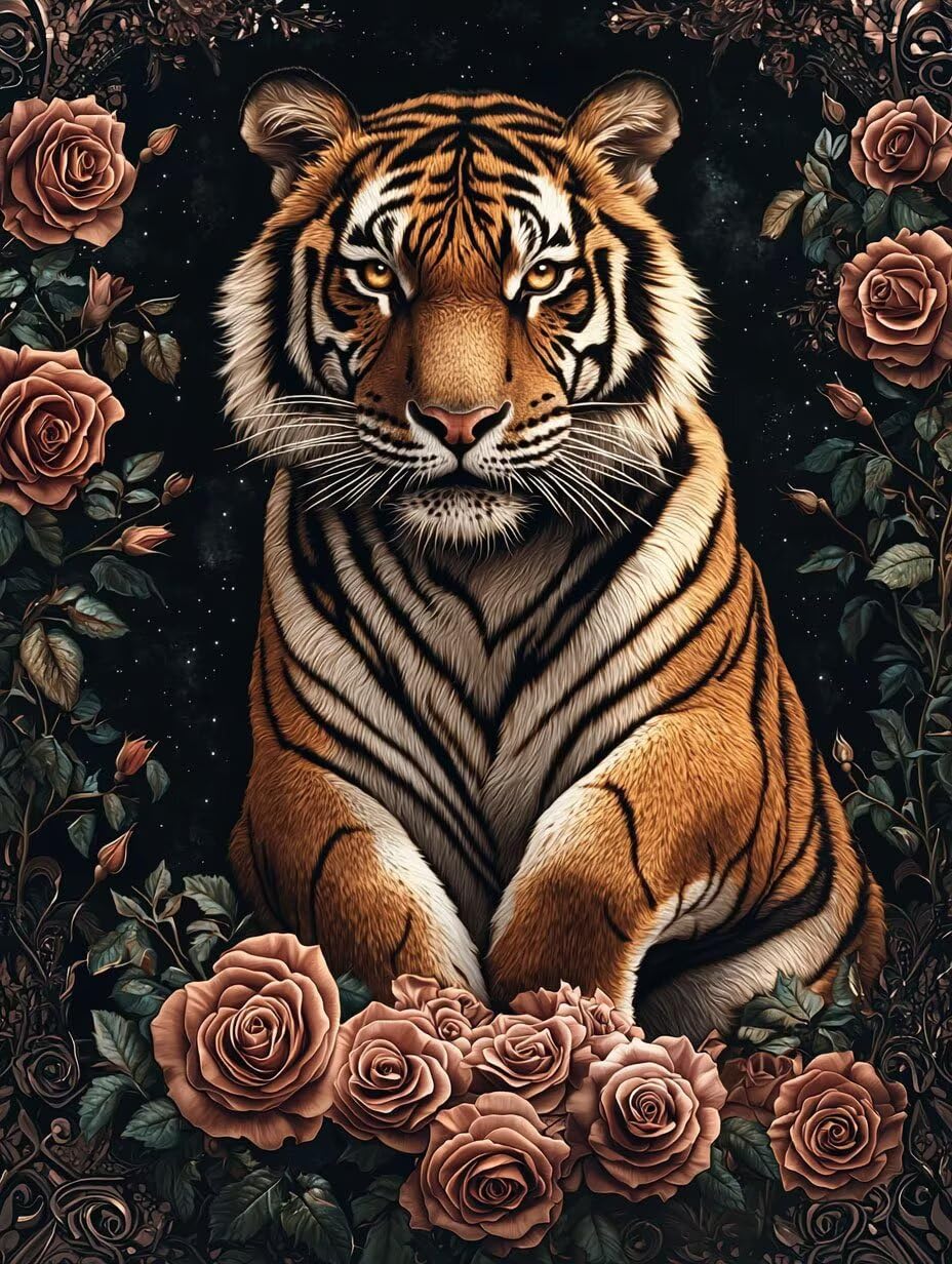 Róża z tygrysem, malowanie według liczb, dla początkujących, 60 x 80 cm, c