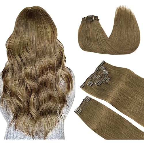 DOORES Human Hair Clip in Extensions, Medium Brown 24 Inch 9pcs 150g, Hair Extensions Real Human Hair Clip ins Extensions Human Hair Natural Remy Clip in Hair Extensions Silky Straight Thick Hair