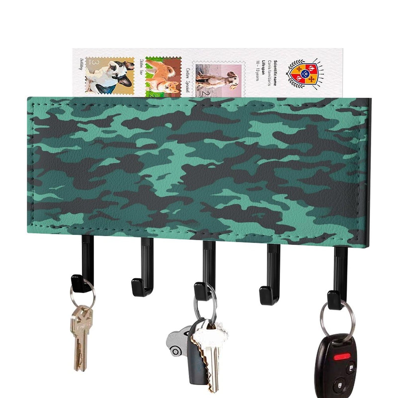 LDGSUPH Teal Camouflage Key Holder Wall Mount Key Hanger with 5 Hooks Fashion Key Organizer Rack Hanging Key Hooks with Mail Organizer Key Rack for Home Entryway Hallway Black-Style